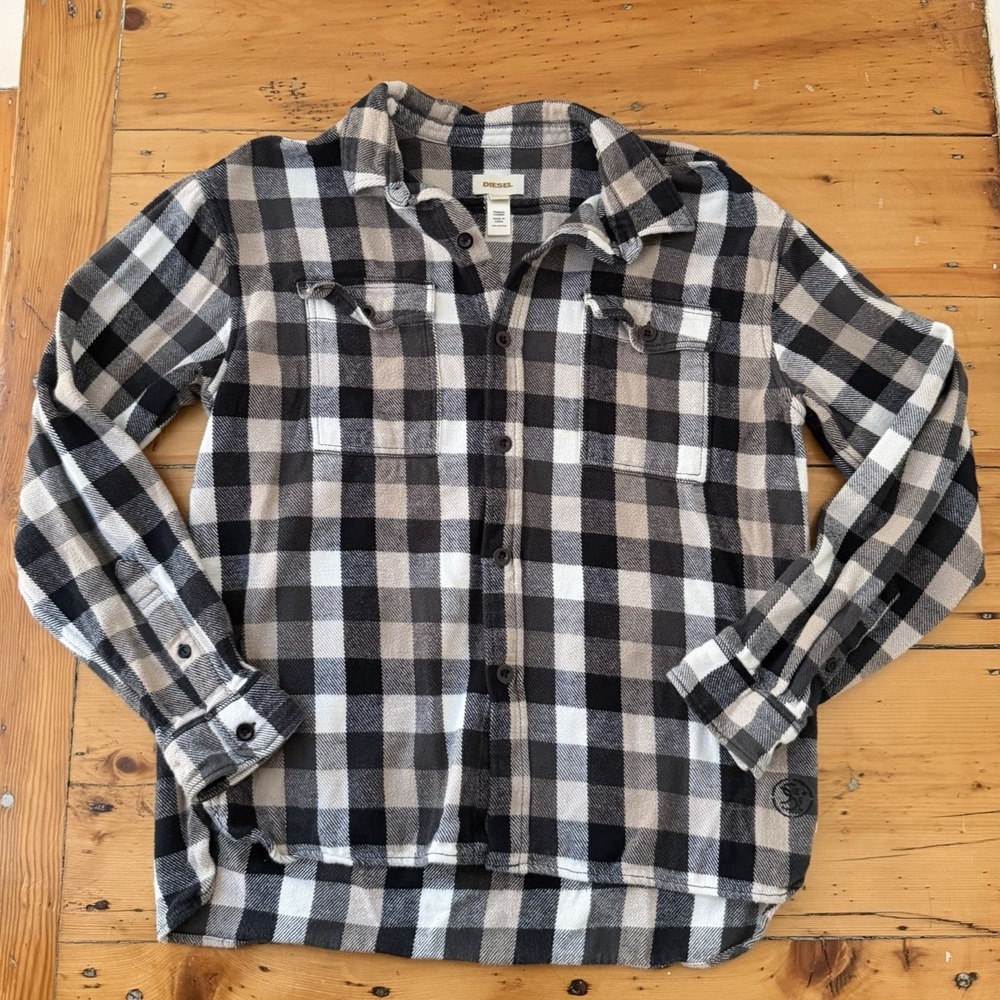 Y2K Diesel Plaid Flannel Overshirt Jacket Black Tan 100% Cotton XL Workwear - Picture 3 of 7